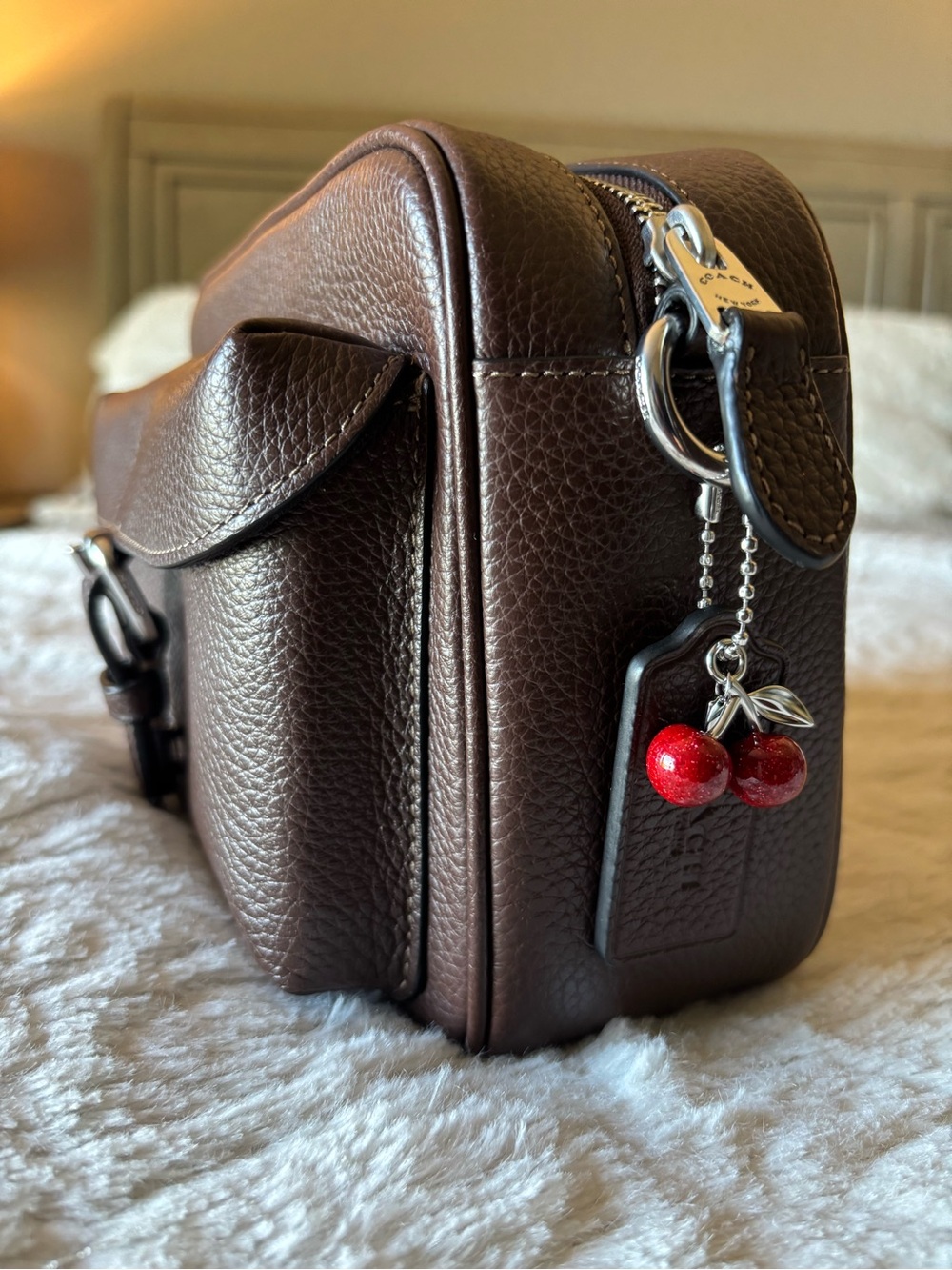 Coach Warner Camera Bag in Brown/Silver w/ Coach Cherry Charm